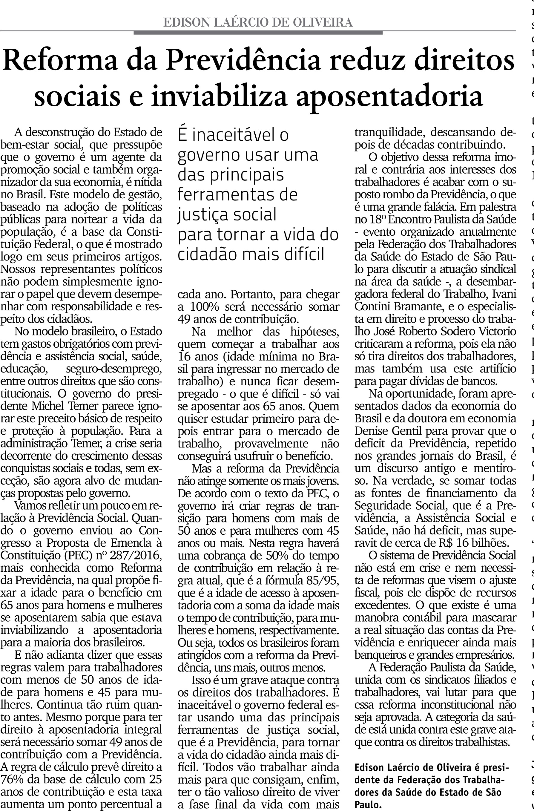 Comércio do Jahu - Artigo Reforma da Previdência - Fevereiro/2017